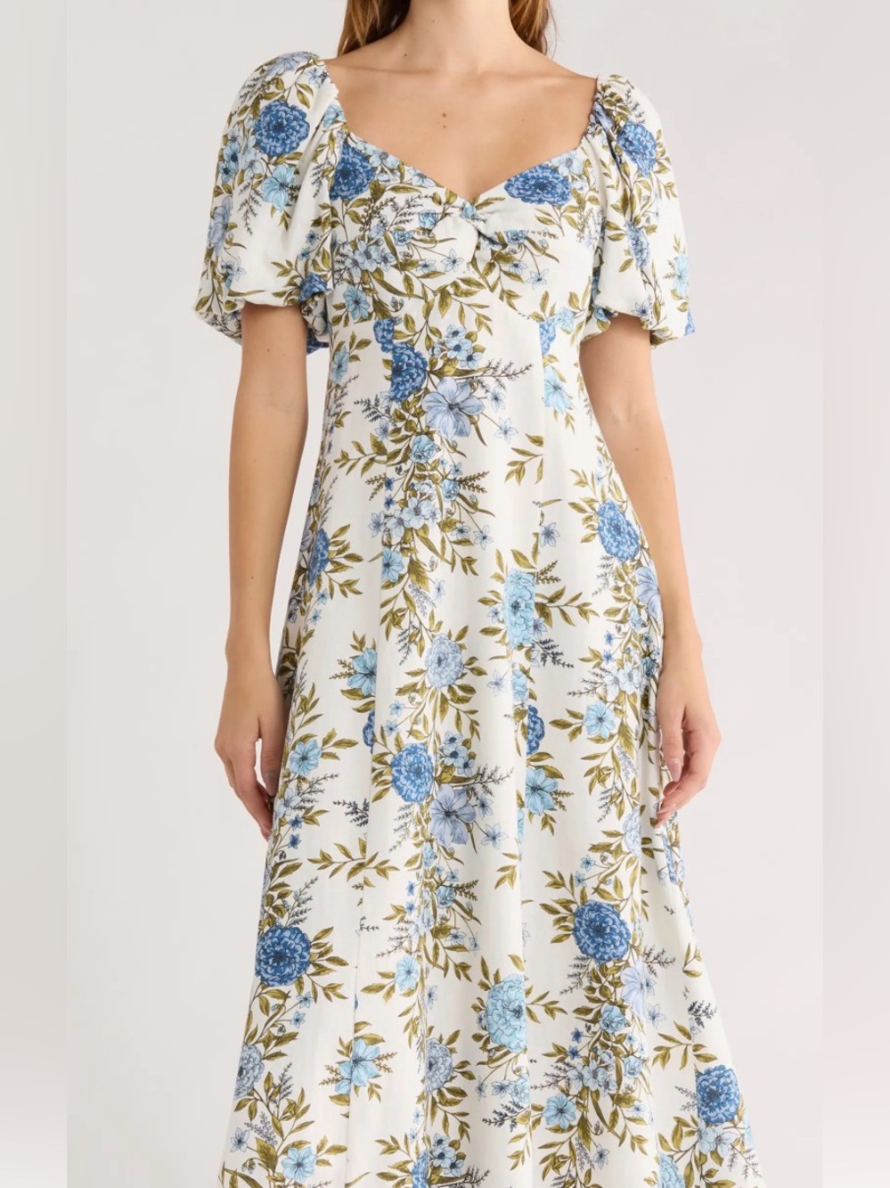 Avec Les Filles Cream Midi dress with Blue Floral Print